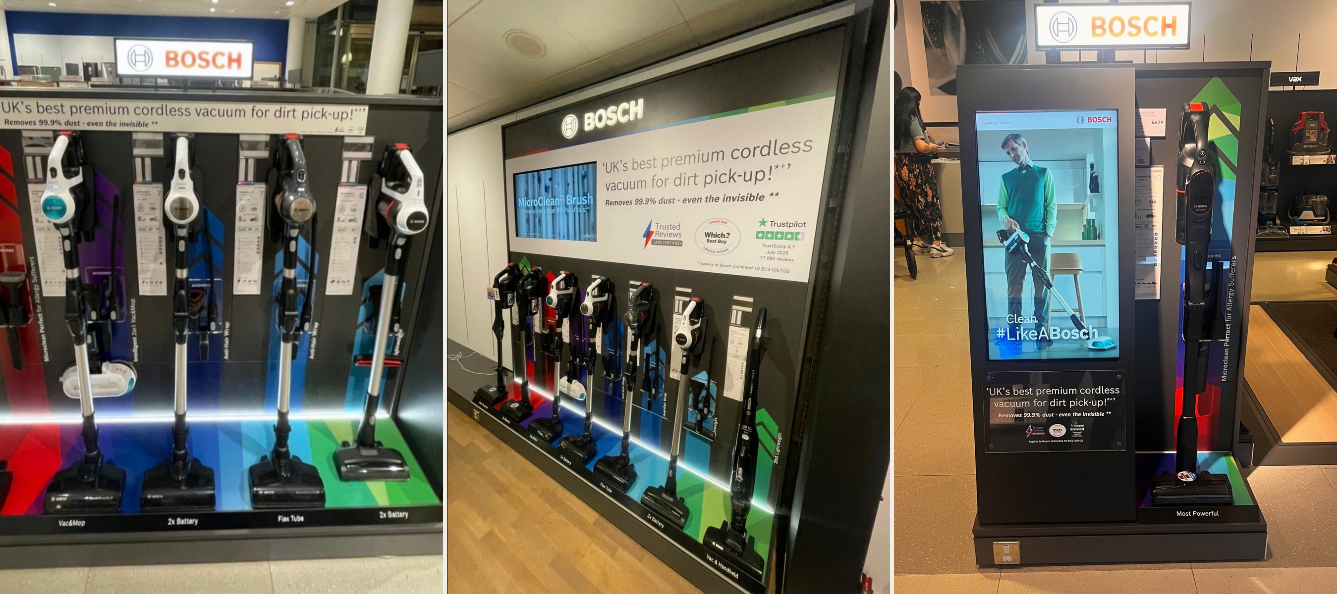Bosch cordless vacuum display programme at John Lewis showing freestanding unit, full wall display with digital content and product endorsements, and hero digital kiosk with LikeABosch campaign